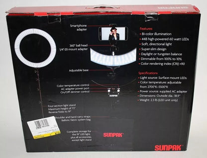 Sunpak 19" Bi-Color LED Ring Light Kit - VL-LED-448-19RK - Black HX