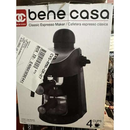 Bene Casa Black 4-cup espresso maker; milk frother, cappuccino