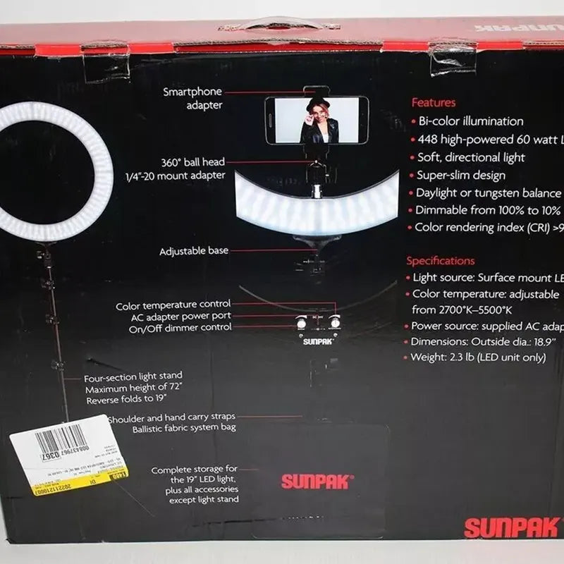 Sunpak 19" Bi-Color LED Ring Light Kit - VL-LED-448-19RK - Black HX