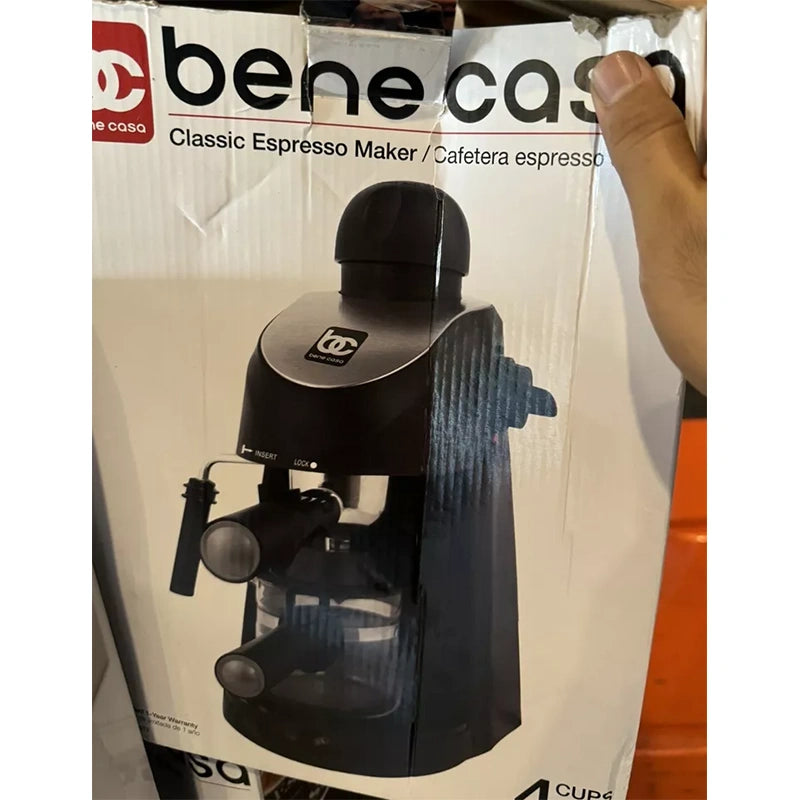 Bene Casa Black 4-cup espresso maker; milk frother, cappuccino